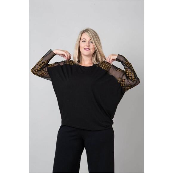 Alembika Black Yellow Check Mesh Top Long Sleeve Blouse Discontinued Size Medium - Picture 2 of 10